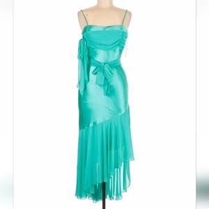 90s Turquoise Satin Mesh Midi Dress With Asymmetrical Ruffle Hem Mermaidcore